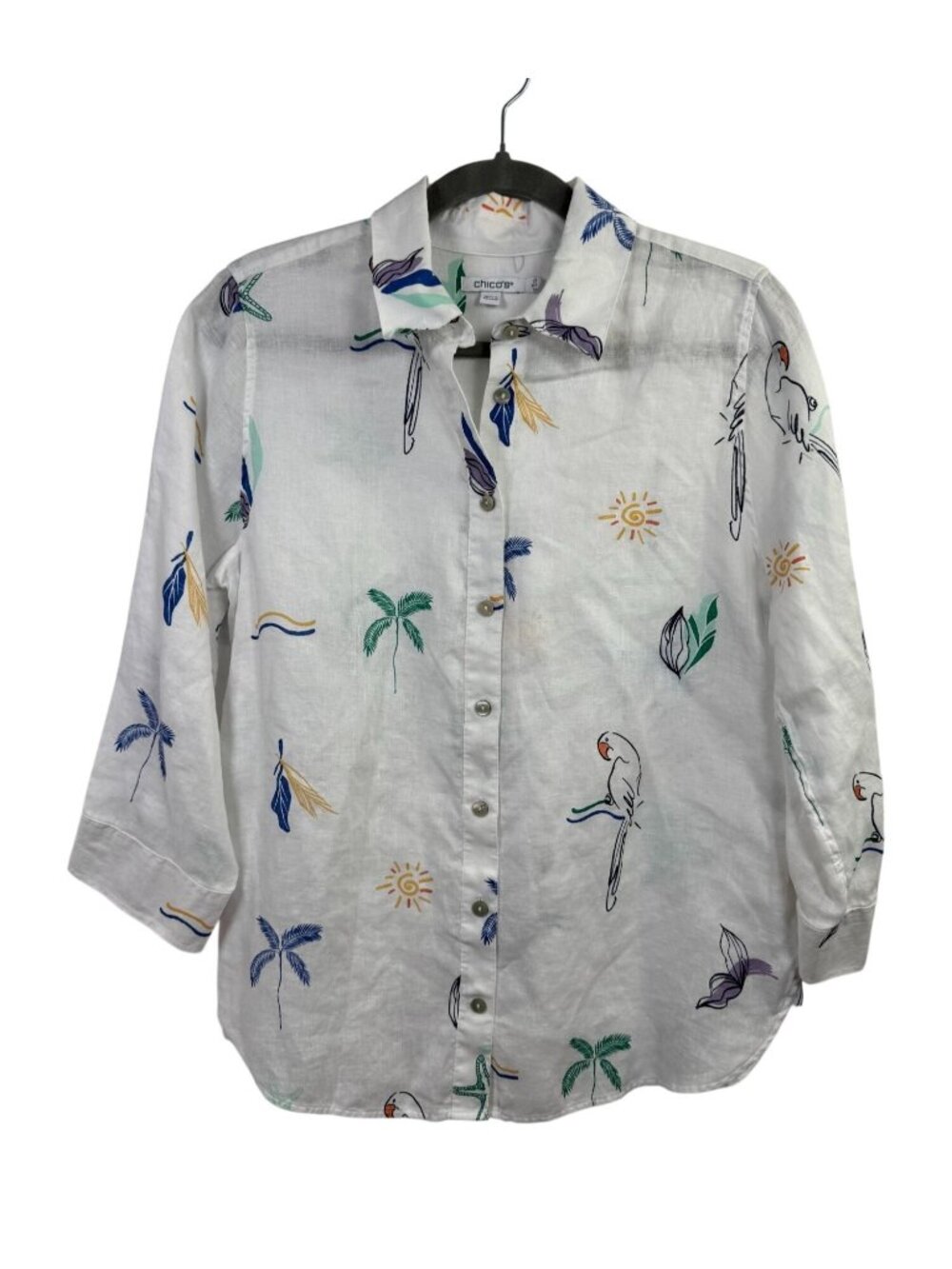 Chicos White 100% Linen Button up Shirt Tropical Parrot Print 3/4 Sleeves Size 4